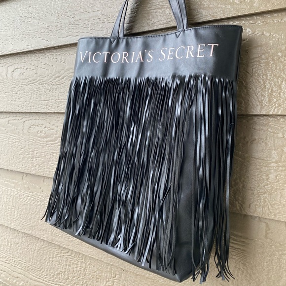 Victoria's Secret Limited Edition Black Faux Leather Bag with Tassels - 17" x16" - Picture 6 of 14